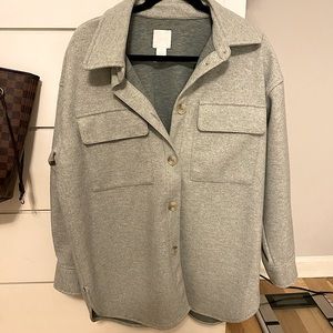 H&M Oversized Fleece Shirt Jacket - Light Green/Gray
